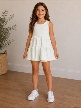Tucker + Tate •Sleeveless Tiered Romper in Pale Green Stripe